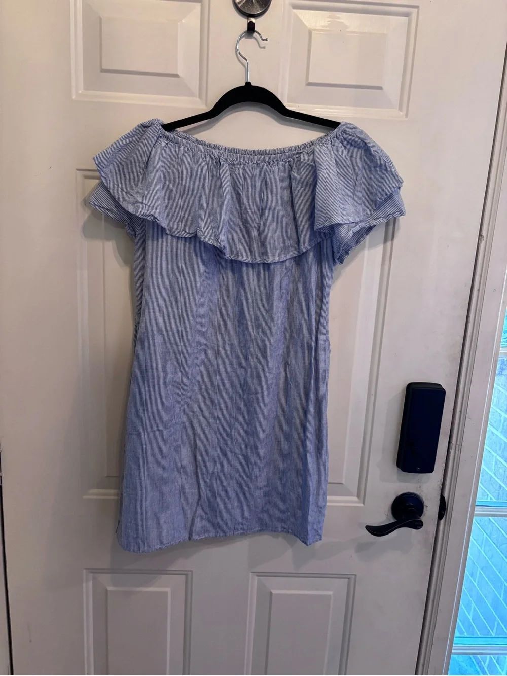 Altar'd State Light Blue Striped Off-Shoulder Ruffle Mini Dress - Picture 3 of 4